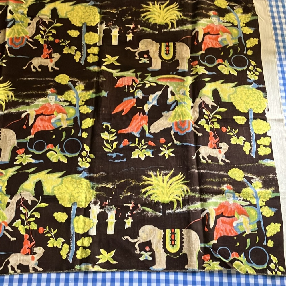 Kent Bragaline vintage linen cotton whimsical toile fabric sample